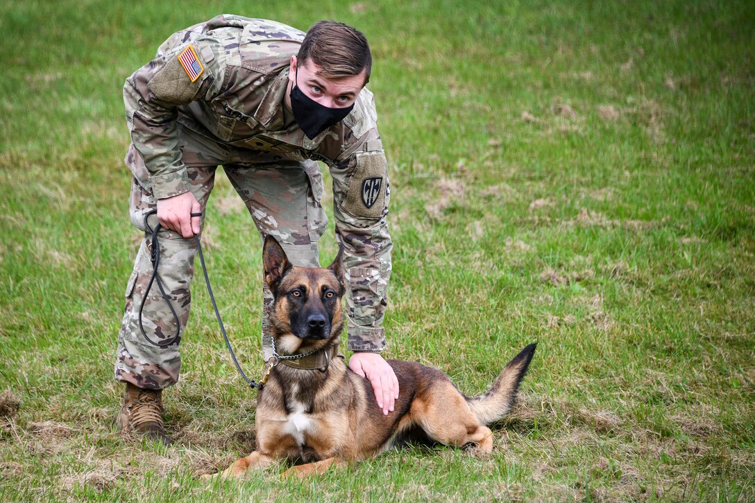 A soldier standing in a field looks forward while holding his hand on the back of a military working dog looking in the same direction.