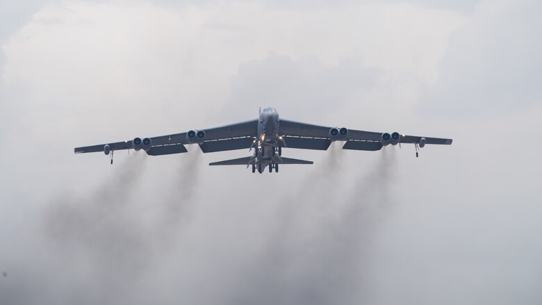 A B-52H Stratofortress takes off from Barksdale Air Force Base, La., during Global Thunder 21 Oct. 23, 2020. U.S. Strategic Command’s fundamental mission is to deter, detect and prevent strategic attack against the United States, our allies and partners.  (U.S. Air Force photo by Senior Airman Tessa B. Corrick)