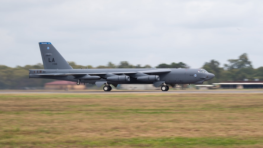 A B-52H Stratofortress takes off from Barksdale Air Force Base, La., during Global Thunder 21 Oct. 23, 2020. GT 21 provides training opportunities for components, units and task forces to deter, and if necessary defeat, a military attack against the United States and to employ forces as directed by the President. (U.S. Air Force photo by Airman 1st Class Jacob B. Wrightsman)