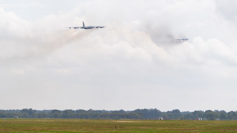 Two B-52H Stratofortresses take off from Barksdale Air Force Base, La., during Global Thunder 21 Oct. 23, 2020. Strategic bomber missions represent U.S. commitment to our allies and enhancing regional security. (U.S. Air Force photo by Airman 1st Class Jacob B. Wrightsman)