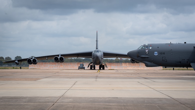 A B-52H Stratofortress taxis down the flight line during Global Thunder 21 at Barksdale Air Force Base, La., Oct. 23, 2020. The ability to credibly convey the readiness and lethality of our forces is a key component of strategic deterrence. (U.S. Air Force photo by Senior Airman Lillian Miller)