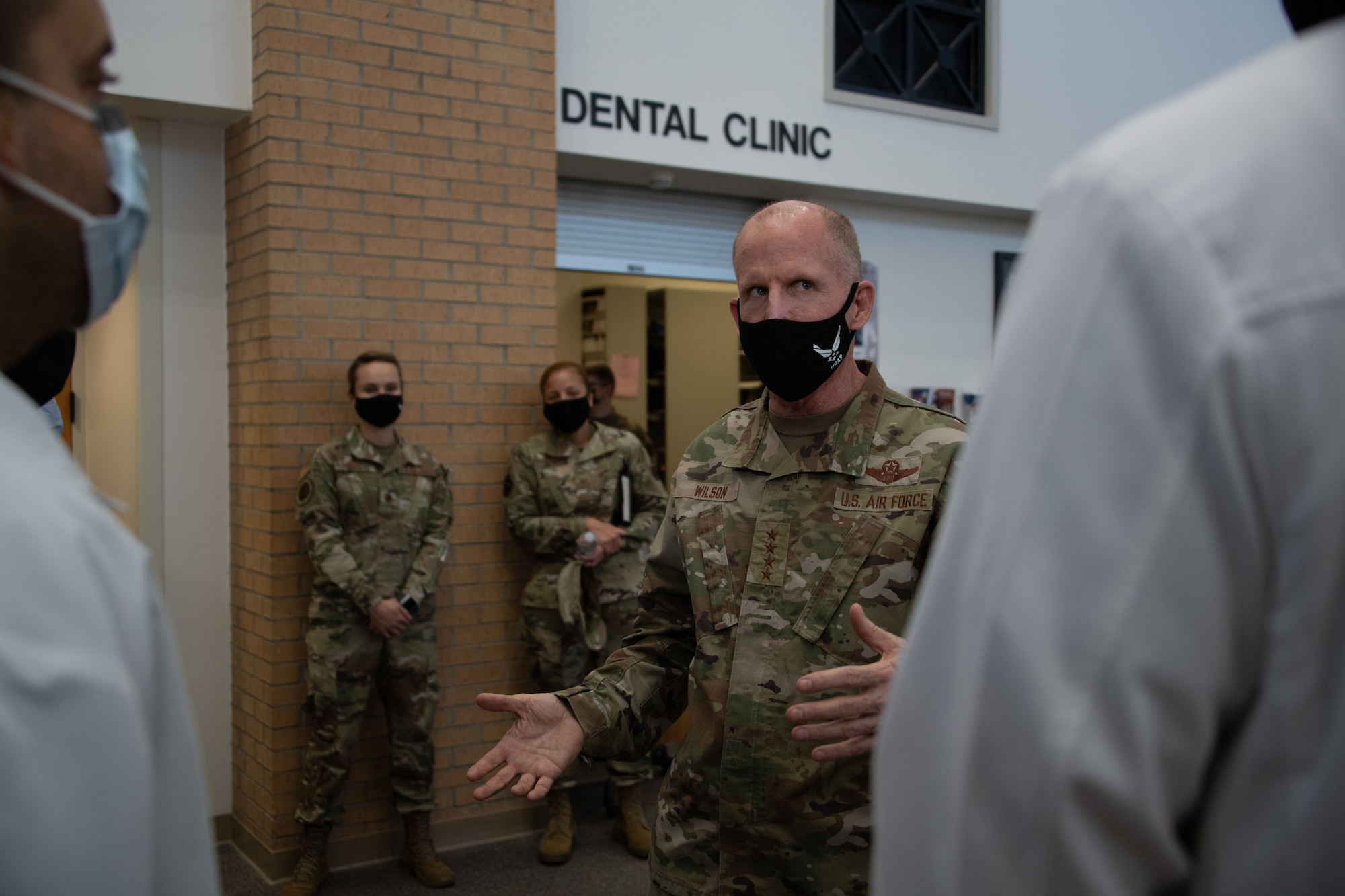 Vice Chief of Staff of the Air Force Gen. Stephen W. Wilson expresses his gratitude to medical personnel during a visit to the 42nd Medical Group, Oct. 22, 2020, Maxwell Air Force Base, Alabama. Wilson visited various offices within the 42 MDG to meet and personally thank the medical personnel for their dedication to their service throughout the pandemic. (U.S. Air Force photo by Airman 1st Class Jackson Manske)