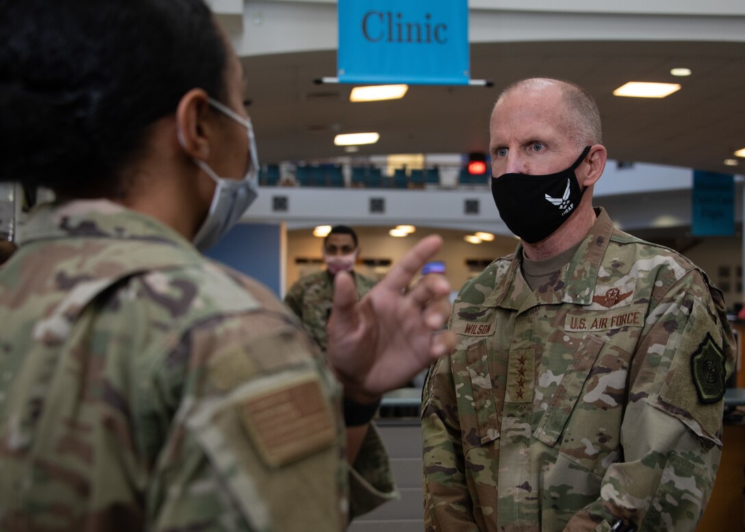 Vice Chief of Staff of the Air Force Gen. Stephen W. Wilson speaks to Lt. Col. Melissa Runge during a visit to the 42nd Medical Group, Oct. 22, 2020, Maxwell Air Force Base, Alabama. Wilson visited various offices within the 42 MDG to meet and personally thank the medical personnel for their dedication to their service throughout the pandemic. (U.S. Air Force photo by Airman 1st Class Jackson Manske)