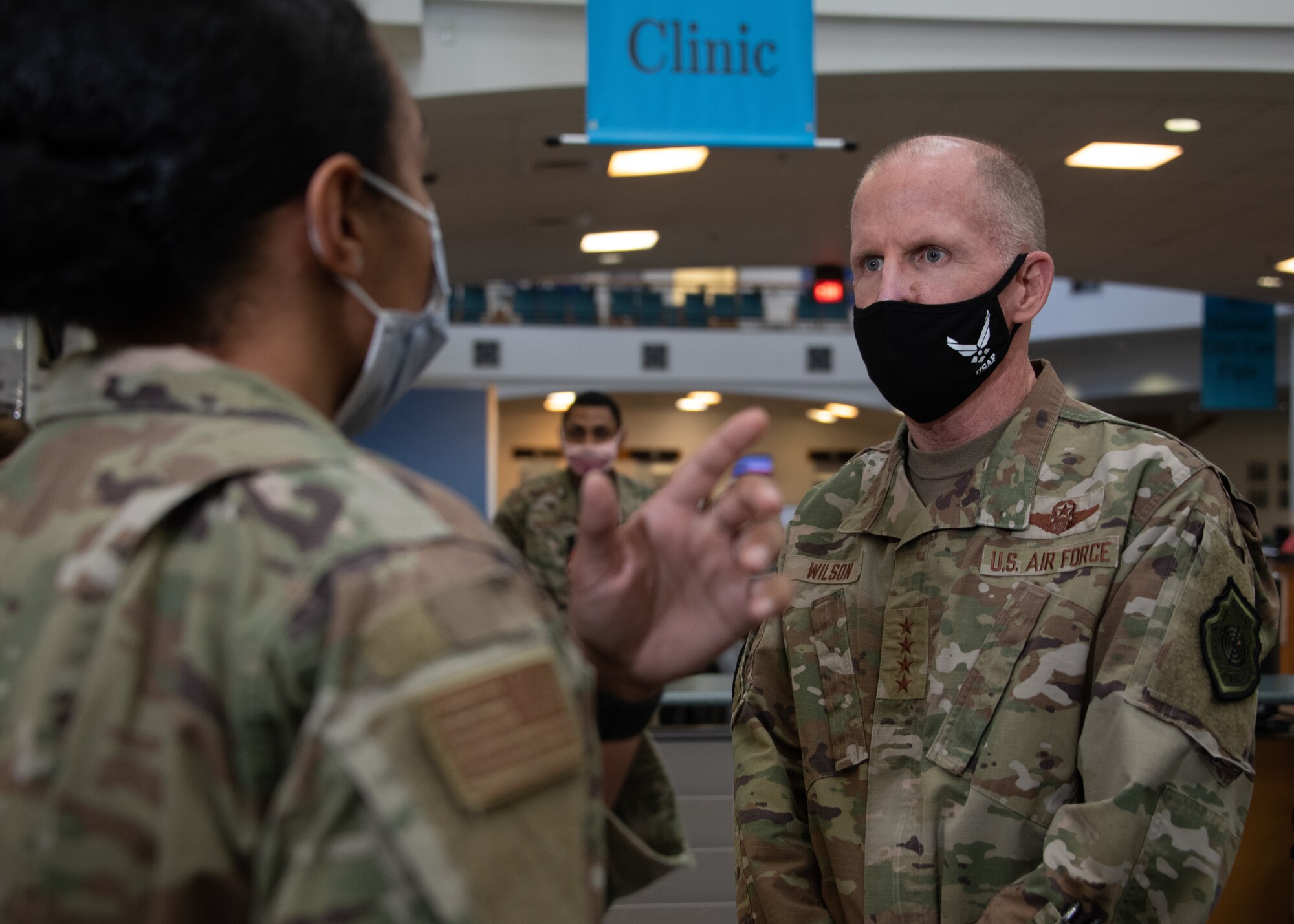 Vice Chief of Staff of the Air Force Gen. Stephen W. Wilson speaks to Lt. Col. Melissa Runge during a visit to the 42nd Medical Group, Oct. 22, 2020, Maxwell Air Force Base, Alabama. Wilson visited various offices within the 42 MDG to meet and personally thank the medical personnel for their dedication to their service throughout the pandemic. (U.S. Air Force photo by Airman 1st Class Jackson Manske)