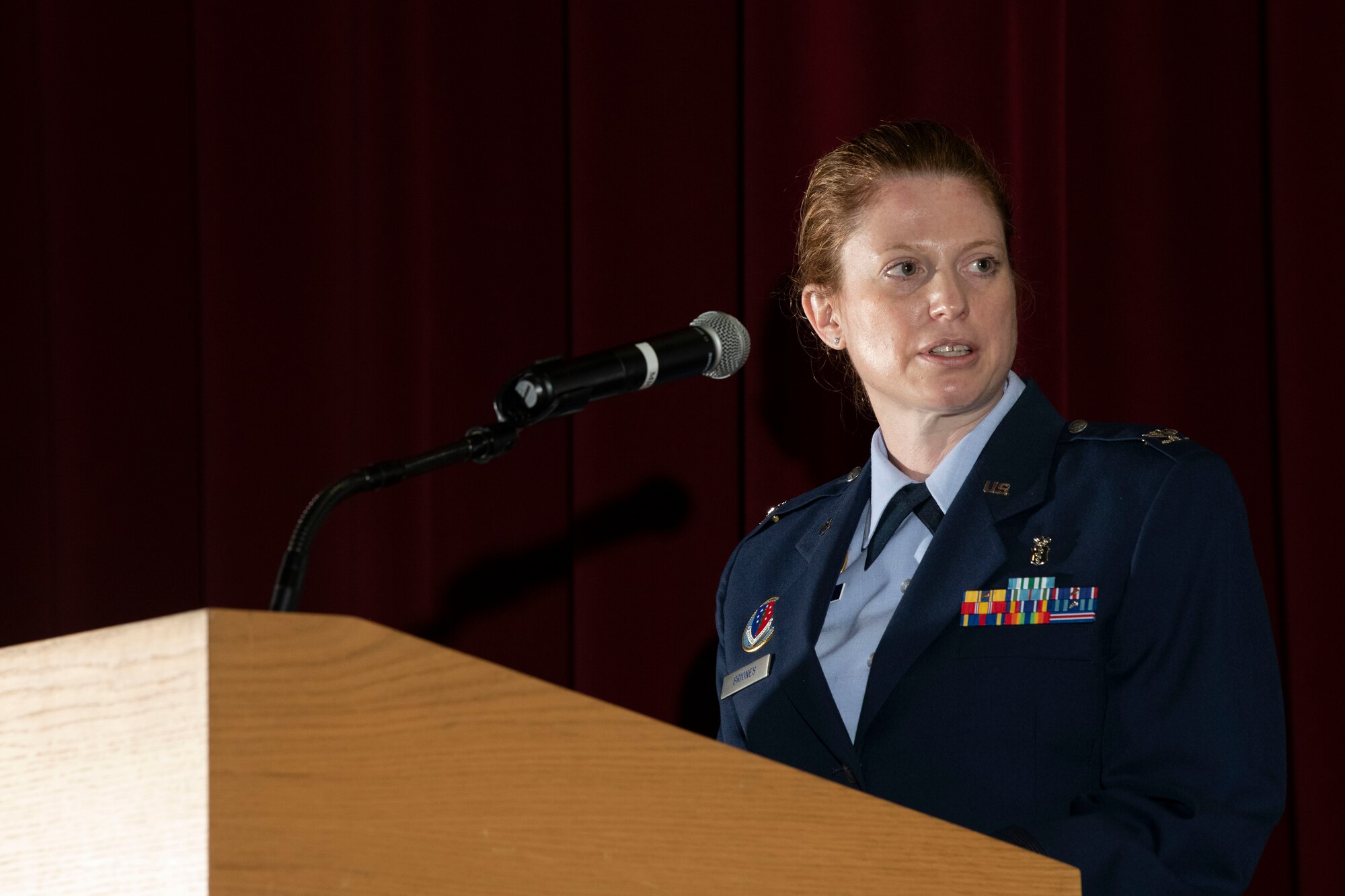 U.S. Air Force Col. Alice Briones, incoming Armed Forces Medical Examiner System director, gives a speech during a change of directorship ceremony at Dover Air Force Base, Delaware, Oct. 21, 2020. AFMES is committed to being the Department of Defense’s leader in providing medical-legal services and emerging technologies essential for the readiness, sustainability and survivability of U.S. service members. (U.S. Air Force photo by Senior Airman Christopher Quail)