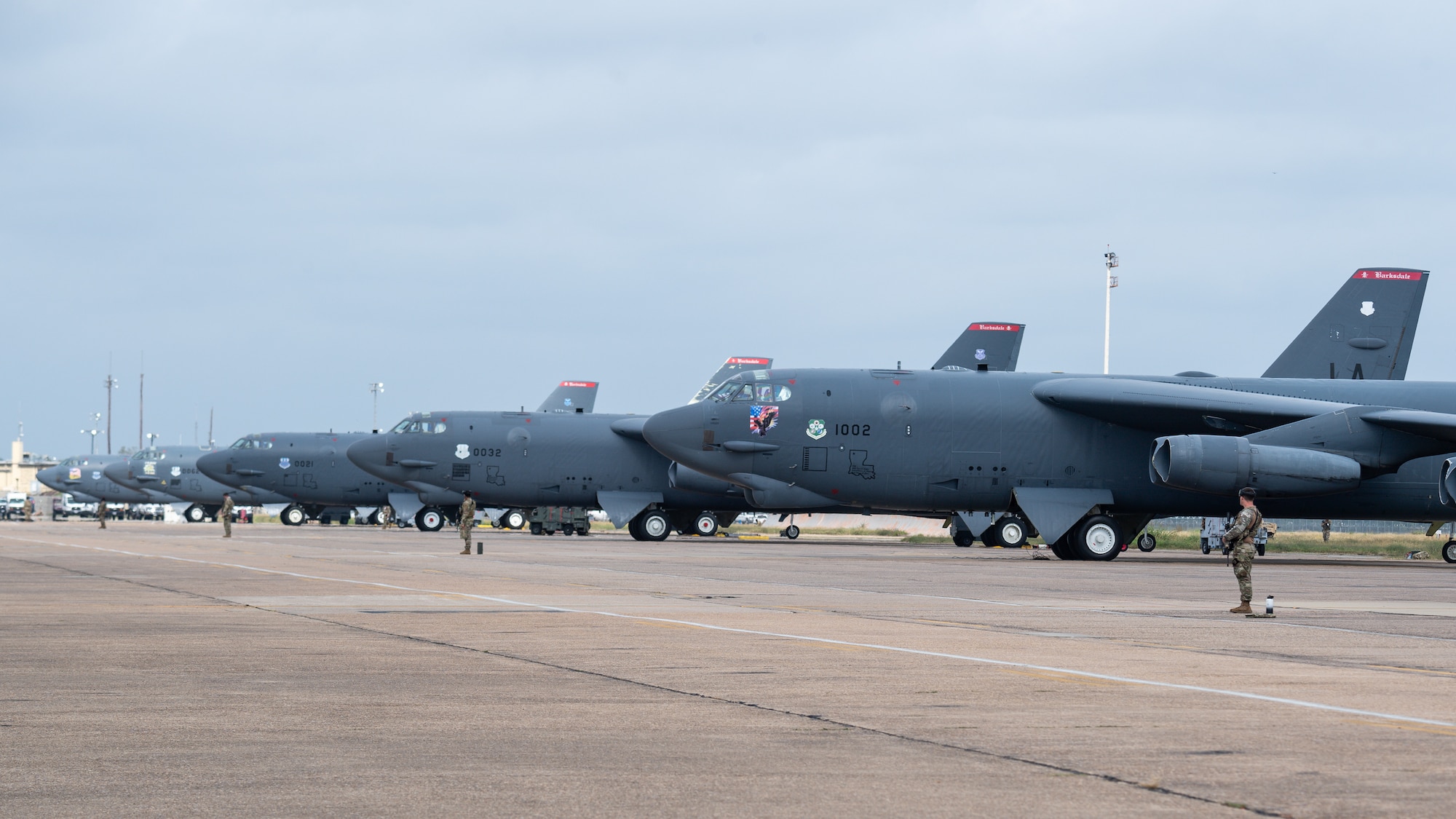 Airmen from the 2nd Security Forces Squadron defend B-52H Stratofortress aircraft during Global Thunder 21 at Barksdale Air Force Base, La., Oct. 23, 2020. U.S. Strategic Command’s fundamental mission is to deter, detect and prevent strategic attack against the United States, our allies and partners. (U.S. Air Force photo by Senior Airman Lillian Miller)