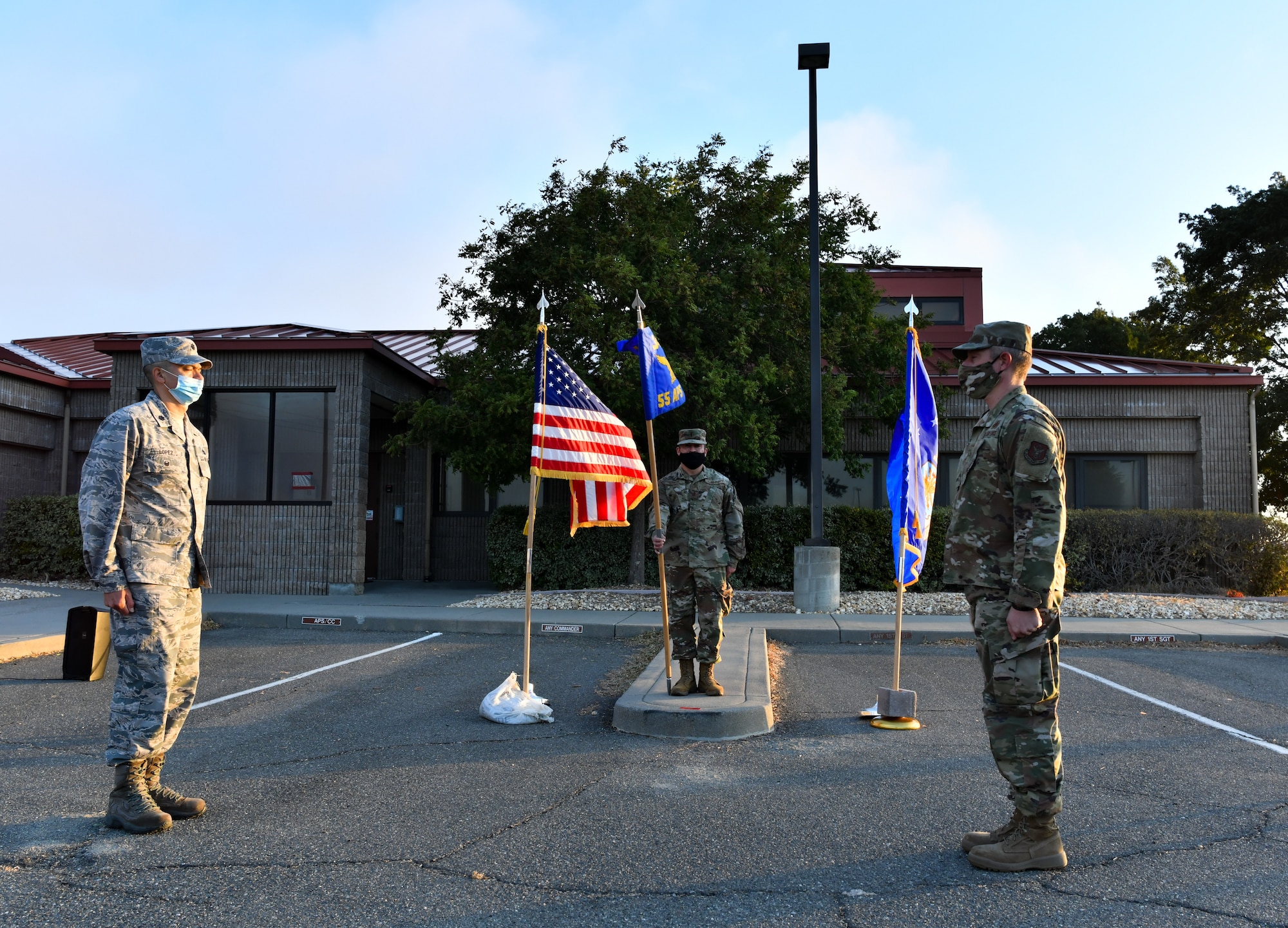 Maj. Nicholas Botich assumes command of the 55th Aerial Port Squadron during the B-Flight UTA on Oct. 24, 2020, at Travis Air Force Base, Calif. The flag was not handed off during this ceremony due to COVID-19 safety measures and precautions.
