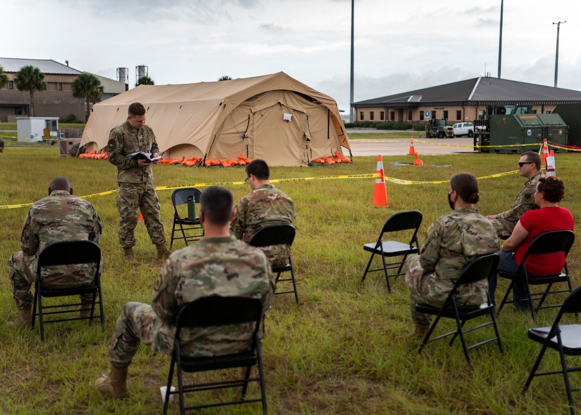 U.S. Air Force Capt. Brent Little, 366th FW chaplain, preaches during a protestant service while at Agile Flag 21-1 on Tyndall Air Force Base, Florida, Oct. 24, 2020. Agile Flag 21-1 is an experimental exercise that tests a lead Wing concept in a deployment environment. The Chaplaincy is there to provide morale, resiliency and spiritual care for whoever wants it. (U.S. Air Force photo by Senior Airman Andrew Kobialka)