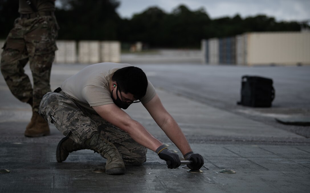 The 18th CEG’s role in VS20 was to test a modified fiber reinforced polymer matting  and validate proof of concept as an airfield damage repair solution compatible with agile combat employment operations.