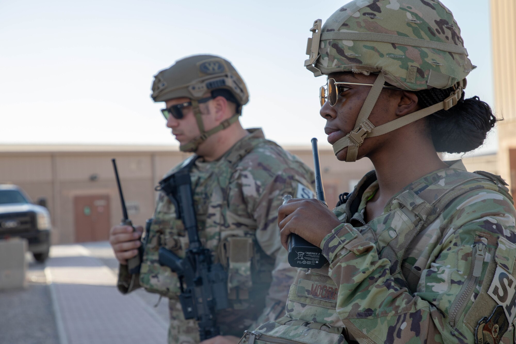 Members assigned to the 386th Expeditionary Security Forces Squadron report an unexploded ordnance during the Air and Missile Defense Exercise 21-1 at Ali Al Salem Air Base, Kuwait, Oct. 22, 2020.