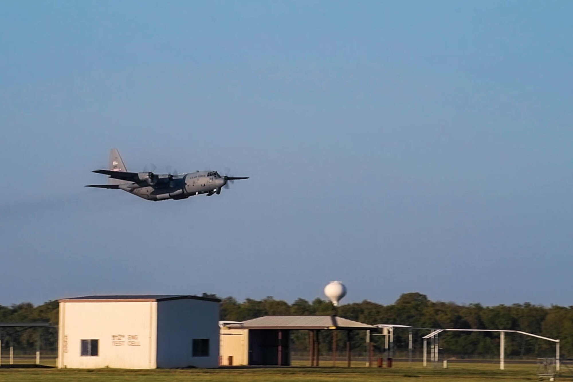 A U.S. Air Force Reserve C-130H Hercules aircraft assigned to the 910th Airlift Wing, based at Youngstown Air Reserve Station, Ohio and equipped with a Modular Aerial Spray System, takes off from Barksdale Air Force Base, Louisiana, Oct. 22, 2020.