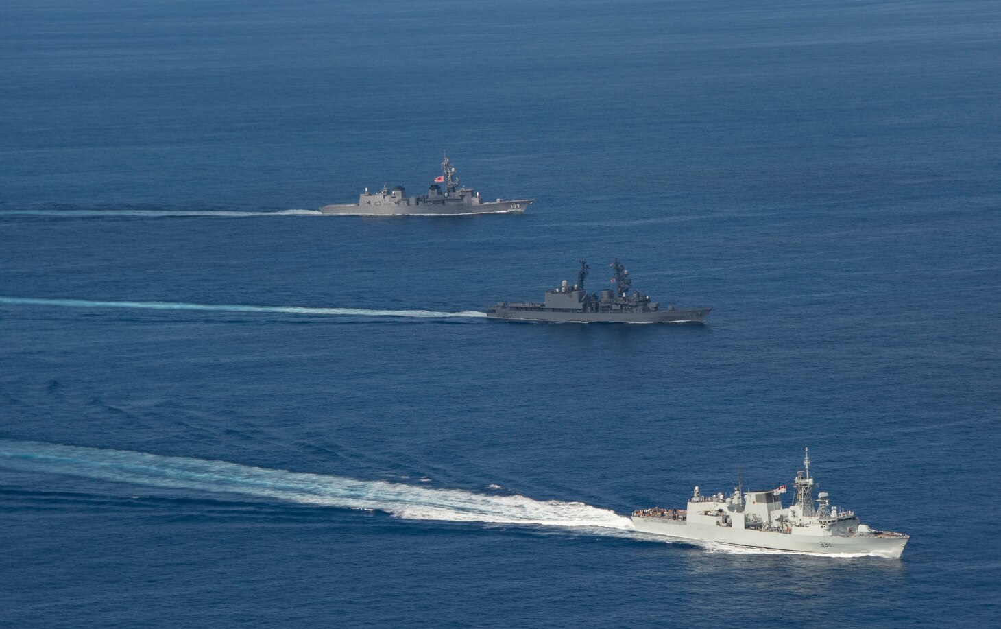 U.S. Navy ships assigned to Ronald Reagan Carrier Strike Group joined ships of Japan Maritime Self-Defense Force (JMSDF) Escort Flotilla 1, Escort Flotilla 4, and the Royal Canadian Navy, in formation while aircraft from the U.S. Navy, U.S. Marine Corps, U.S. Air Force, JMSDF and Japan Air Self Defense Force fly in formation during Keen Sword 21. Keen Sword is an example of the strength of U.S.-Japan Alliance, the foundation of peace and security in the Indo-Pacific region for almost 60 years. The relationships built and maintained during these events are critical to our shared capability to respond to contingencies at a moment’s notice.