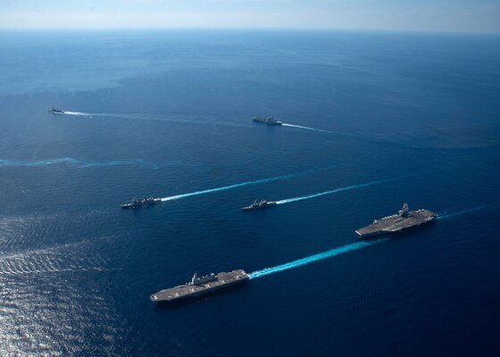 U.S. Navy ships assigned to Ronald Reagan Carrier Strike Group and ships of Japan Maritime Self-Defense Force (JMSDF) kick-off exercise Keen Sword 21.