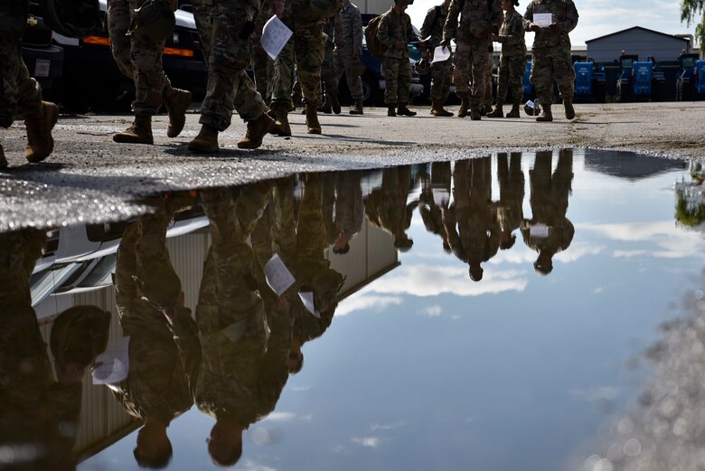 A photo of Airmen walking.