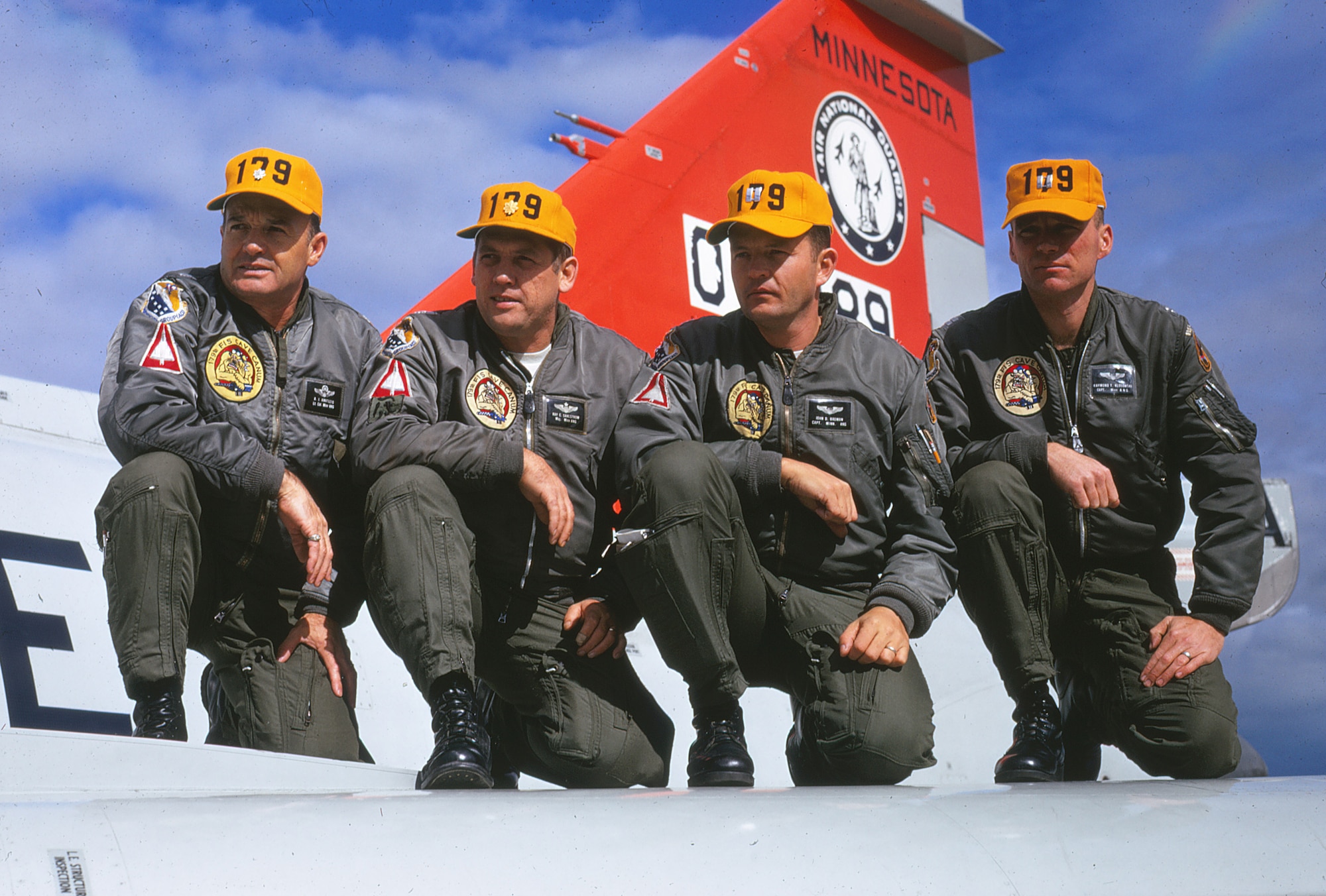 Pictured left to right:  Lt. Col. Al "Ammo" Amatuzio, Maj. Ray "Raycee" Sahlstrom, Capt. John "Rev" Broman and Capt. Ray "Klos" Klosowski pose for a photo on a F-102 Deuce assigned to the 148th Fighter Group during the William Tell gunnery competition at Tyndall Air Force Base, Florida in October 1970.