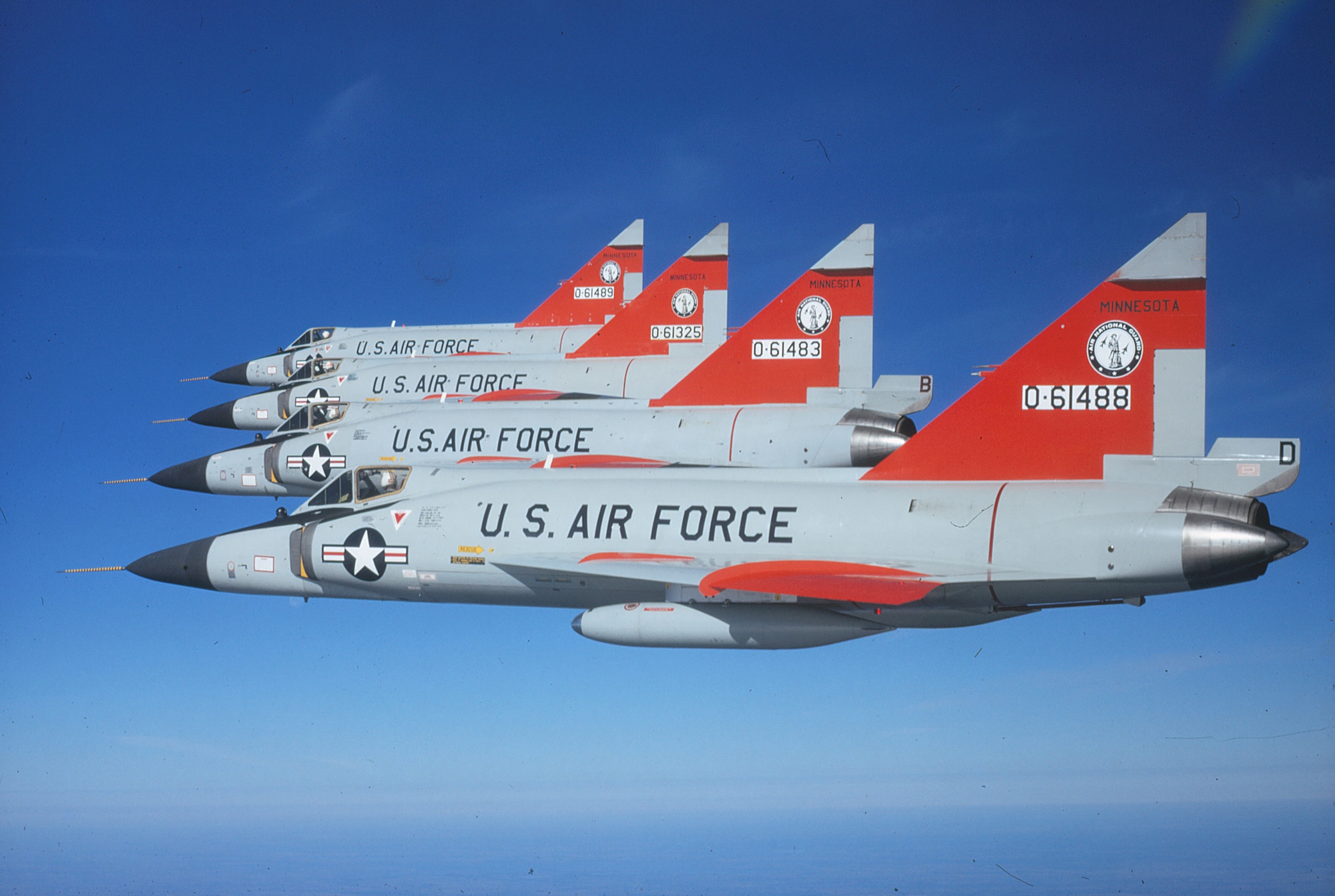 Four F-102 “Deuces” that flew in the 1970 William Tell gunnery competition at Tyndall Air Force Base, Florida fly in formation.