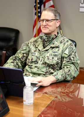 Rear Adm. Michael Wettlaufer, Commander, Military Sealift Command, addresses prospective small business and industry partners during the command's Virtual Small Business Industry Day, Oct. 22