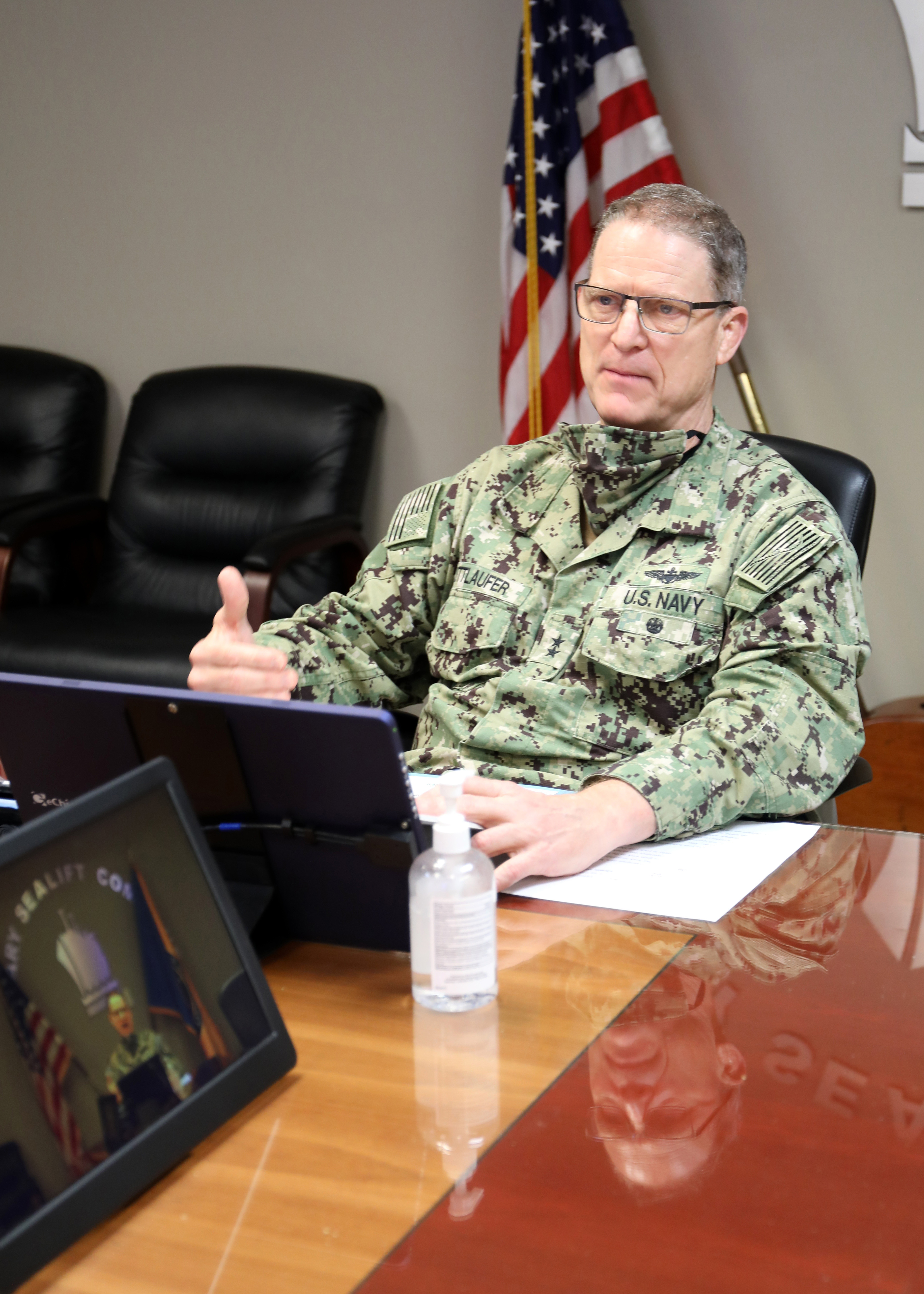 Rear Adm. Michael Wettlaufer, Commander, Military Sealift Command, addresses prospective small business and industry partners during the command's Virtual Small Business Industry Day, Oct. 22