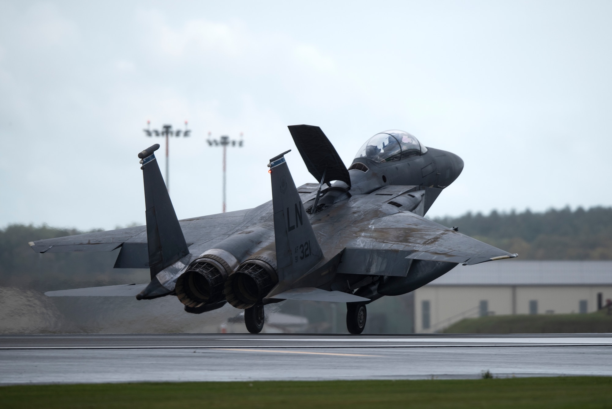 A U.S. Air Force F-15E Strike Eagle, assigned to the 492nd Fighter Squadron, lands at Royal Air Force Lakenheath, England, Oct. 15, 2020. The 492nd FS returned from a six-month deployment in support of U.S. Air Force Central Command. (U.S. Air Force photo by Airman 1st Class Jessi Monte)
