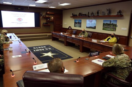 Lt. Gen. Laura J. Richardson, U.S. Army North (Fifth Army) commander and Joint Base San Antonio-Fort Sam Houston and JBSA-Camp Bullis senior commander, receives a “Your Voice Matters” listening tour in-brief from Army Staff personnel, at Joint Base San Antonio-Fort Sam Houston Oct. 21.