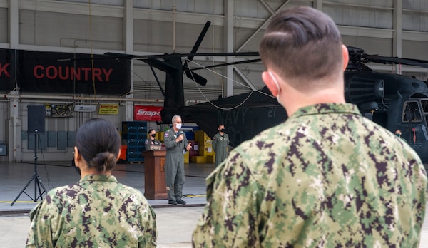 Rear Adm. John Meier, commander, Naval Air Force Atlantic, addresses Helicopter Mine Countermeasure Squadron (HM) 15 after awarding them the Navy Battle Effectiveness Award, or Battle “E” award.