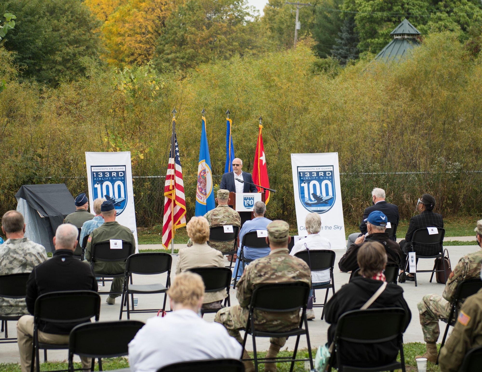 Roy Fuhrmann, Chief Operation Officer, Metropolitan Airports Commission provides the keynote speech in Falcon Heights, Minn., Sept. 26, 2020.