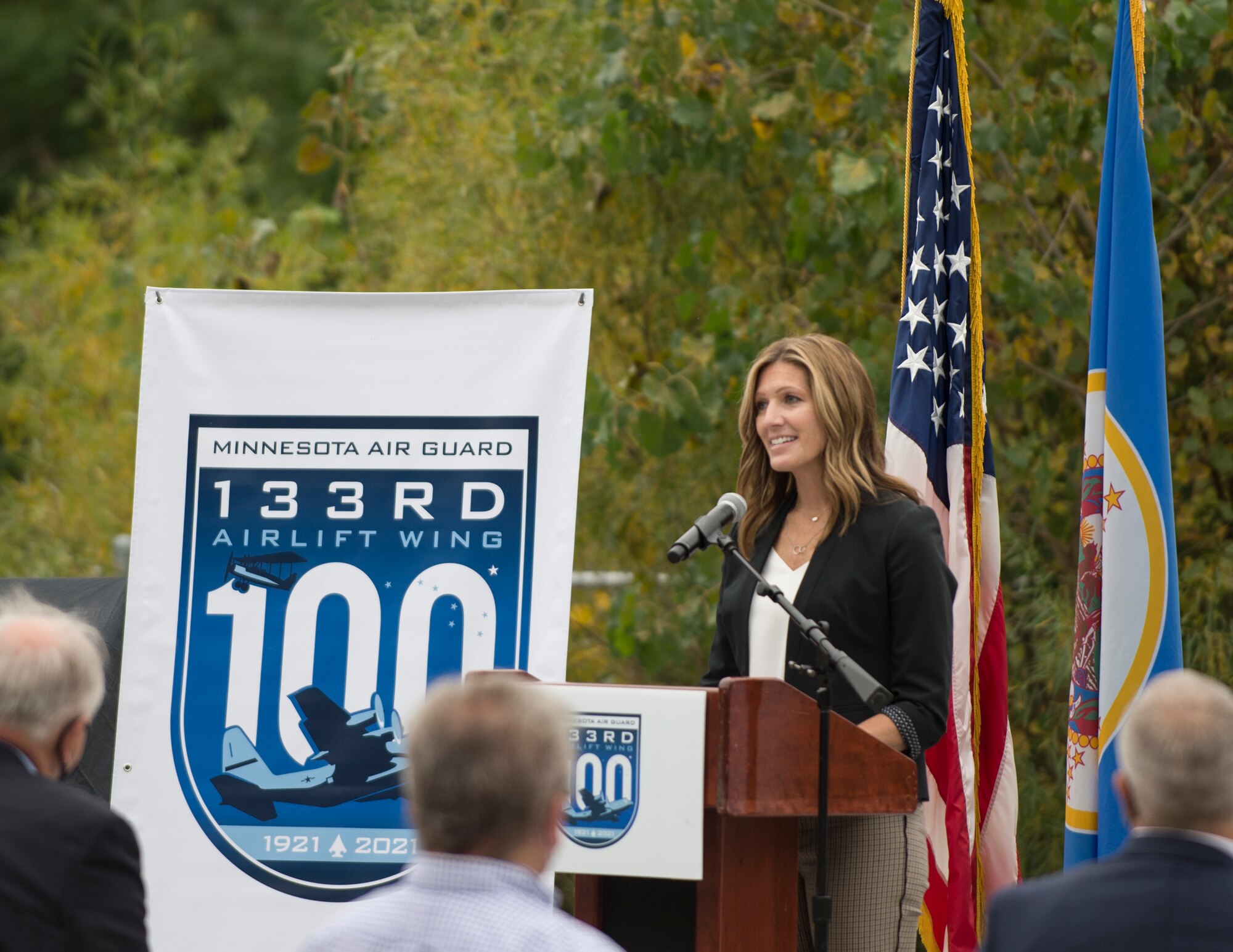 Jill Renslow, Executive Vice President of Business Development and Marketing for Mall of America announces partnership for the 133rd Airlift Wing’s centennial celebration in Falcon Heights, Minn., Sept. 26, 2020.