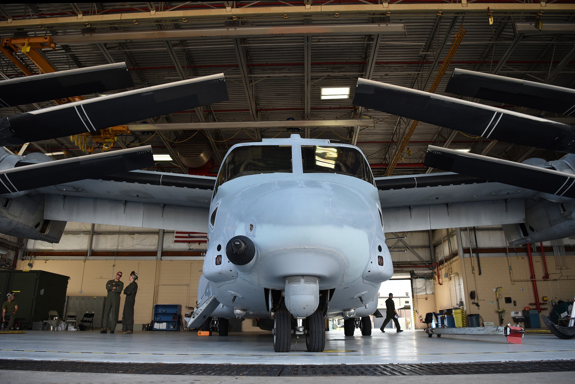 An MV-22B Osprey is parked inside a hangar at Keesler Air Force Base, Mississippi, Oct. 23, 2020. Marines came to Keesler to conduct routine training operations in and around the Mississippi area. (U.S. Air Force photo by Senior Airman Suzie Plotnikov)