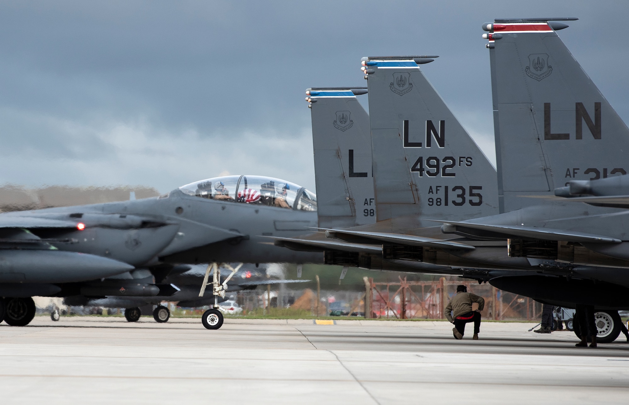 A U.S. Air Force F-15E Strike Eagle, assigned to the 492nd Fighter Squadron, parks on the flightline at Royal Air Force Lakenheath, England, Oct. 16, 2020. The 492nd FS returned from a six-month deployment in support of Operation Inherent Resolve. (U.S. Air Force photo by Airman 1st Class Jessi Monte)