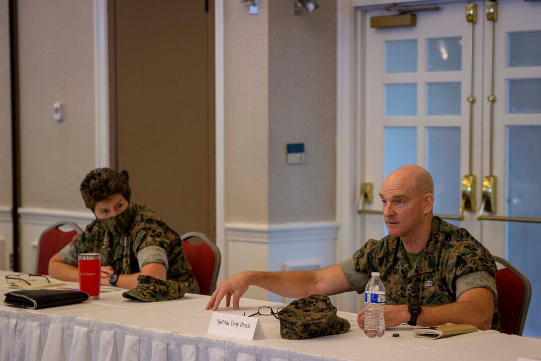 The 19th Sergeant Major of the Marine Corps, Sgt. Maj. Troy E. Black, attends a Uniform and Equipment Senior Leader Engagement hosted by Marine Corps Systems Command at Marine Corps Base Quantico, V.A., Oct. 22, 2020. The purpose of the event was to educate leaders on gear improvements and the role that training and education plays in properly employing the latest advancements in individual gear as well as to discuss opportunities that may positively impact the availability and fit of uniforms, personal protective equipment, and load-bearing devices. The improvements made to individual equipment provided to Marines better prepare the force for the future of warfighting. (U.S. Marine Corps photo by Sgt. Victoria Ross)