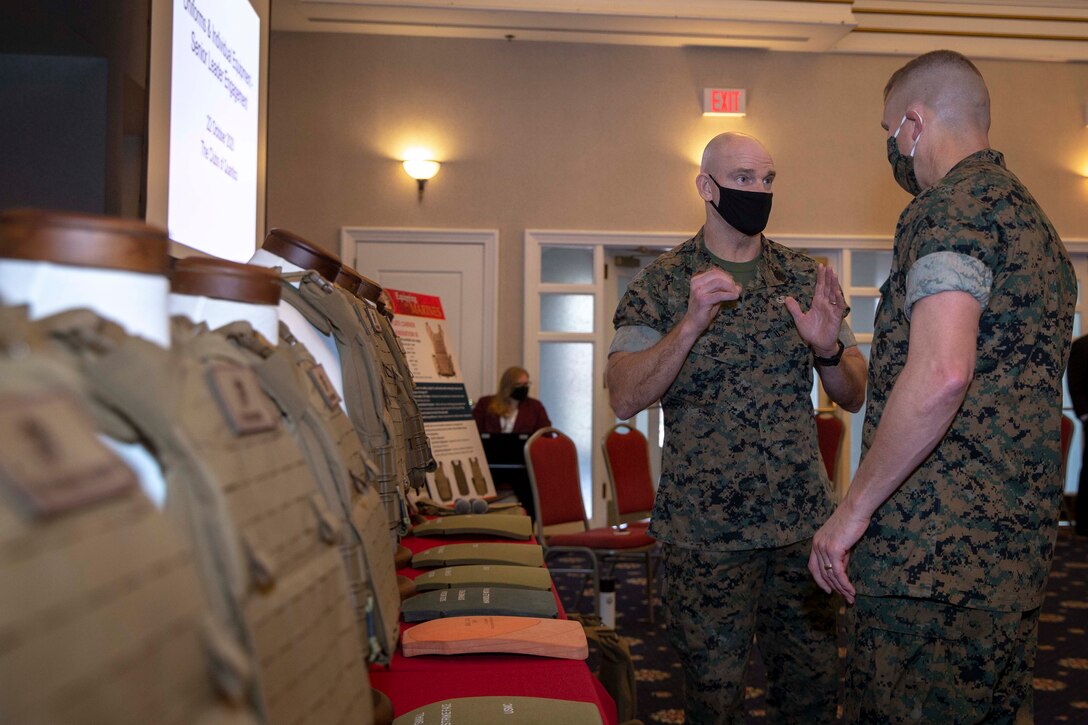 The 19th Sergeant Major of the Marine Corps, Sgt. Maj. Troy E. Black, attends a Uniform and Equipment Senior Leader Engagement hosted by Marine Corps Systems Command at Marine Corps Base Quantico, V.A., Oct. 22, 2020. The purpose of the event was to educate leaders on gear improvements and the role that training and education plays in properly employing the latest advancements in individual gear as well as to discuss opportunities that may positively impact the availability and fit of uniforms, personal protective equipment, and load-bearing devices. The improvements made to individual equipment provided to Marines better prepare the force for the future of warfighting. (U.S. Marine Corps photo by Sgt. Victoria Ross)