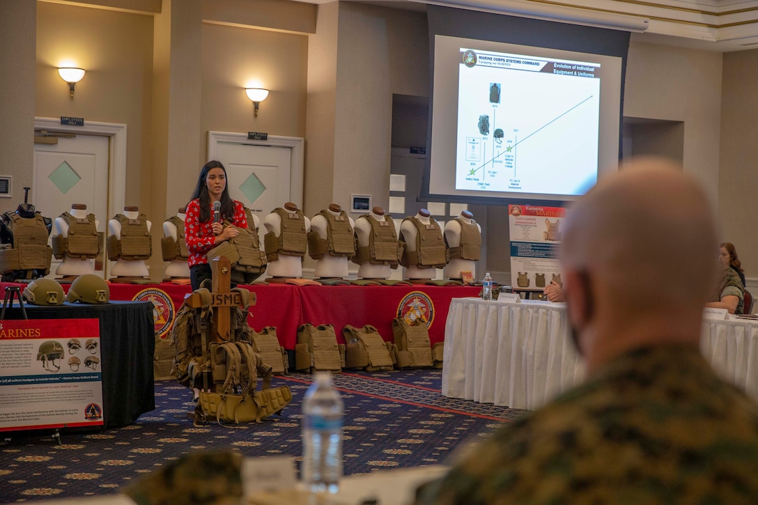 The 19th Sergeant Major of the Marine Corps, Sgt. Maj. Troy E. Black, attends a Uniform and Equipment Senior Leader Engagement hosted by Marine Corps Systems Command at Marine Corps Base Quantico, V.A., Oct. 22, 2020. The purpose of the event was to educate leaders on gear improvements and the role that training and education plays in properly employing the latest advancements in individual gear as well as to discuss opportunities that may positively impact the availability and fit of uniforms, personal protective equipment, and load-bearing devices. The improvements made to individual equipment provided to Marines better prepare the force for the future of warfighting. (U.S. Marine Corps photo by Sgt. Victoria Ross)