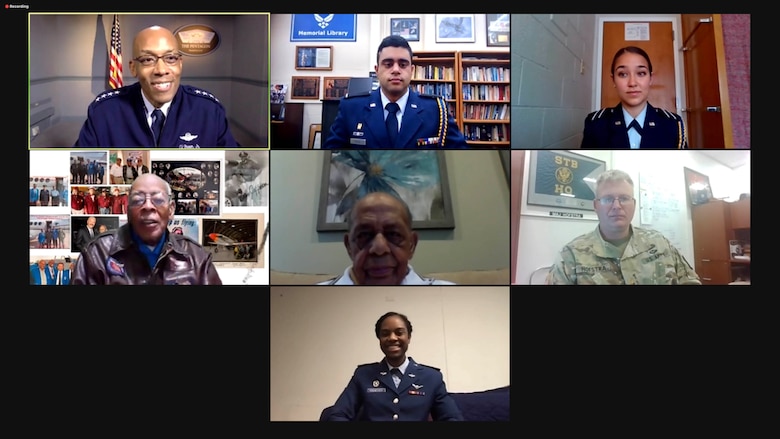 Air Force Chief of Staff Gen. Charles Q. Brown, Jr. interviewed two Tuskegee Airmen, during a virtual roundtable, Oct. 20, 2020, in observance of the 75th anniversary of the end of World War II. The event was part of the American Veterans Center's 23rd Annual Veterans Conference, which will premiere on Oct. 28. (U.S. Air Force graphic)