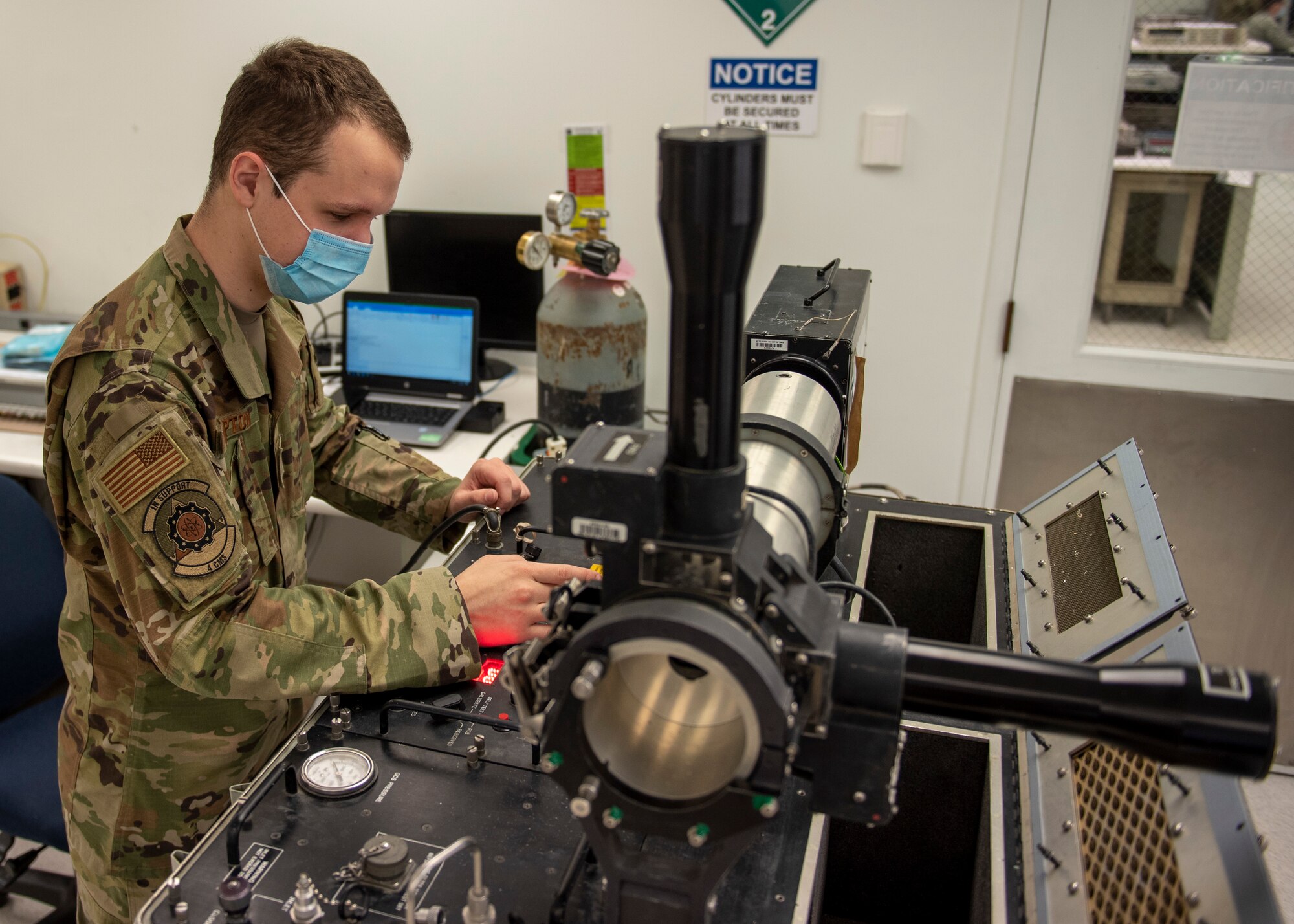 Staff Sgt. Tucker Rampton, 4th Component Maintenance Squadron electronics supervisor, uses a guidance control section (GCS) test set at Seymour Johnson Air Force Base, North Carolina, Oct. 19, 2020.