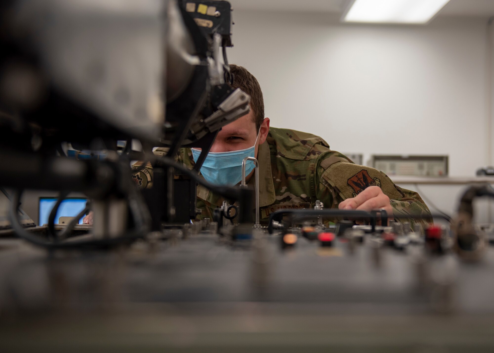Staff Sgt. Tucker Rampton, 4th Component Maintenance Squadron electronics supervisor, uses a guidance control section (GCS) test set at Seymour Johnson Air Force Base, North Carolina, Oct. 19, 2020.