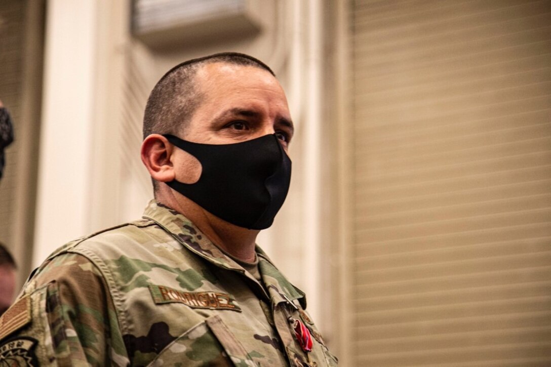 Master Sgt. Joe Rodriguez, 726th Air Control Squadron RF transmissions systems NCOIC, poses for a photo, at Mountain Home Air Force Base, Idaho, Oct. 9, 2020. Rodriquez was deployed to Asad Airbase, Iraq for nine months, and faced a multitude of challenges while there, including seven rocket attacks. (U.S. Air Force Photo by Airman 1st Class Eric Brown)