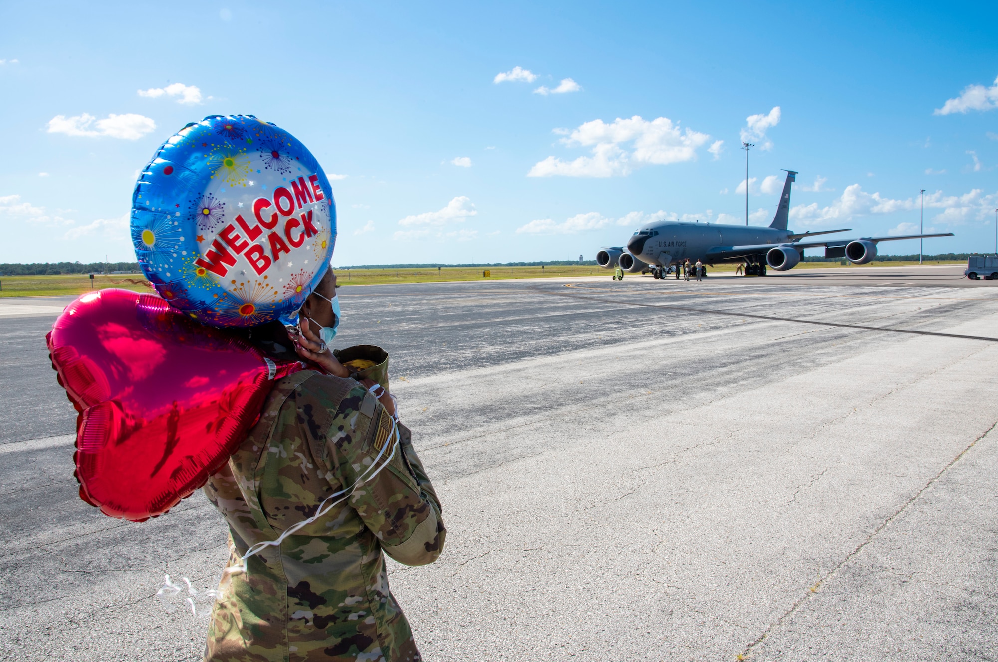 U.S Air Force Master Sgt. Tashara Eiland, a 50th Air Refueling Squadron squadron aviation records management NCO in charge, awaits a 50th ARS Airman at MacDill Air Force Base, Florida, Oct. 18, 2020, from a two-month deployment at Al Udeid Air Base, Qatar.
