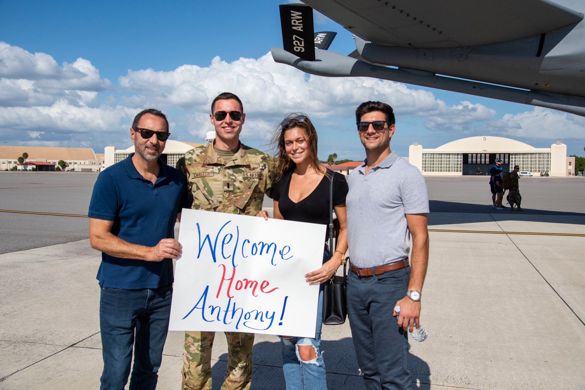 U.S. Air Force 1st Lt. Anthony Carella, a 50th Air Refueling Squadron first pilot, returns home and was greeted by family and friends at MacDill Air Force Base, Florida, Oct. 18, 2020.