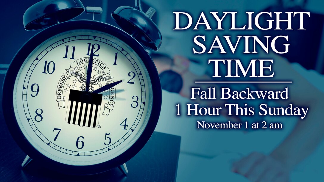 Graphic with a clock that says Daylight Saving Time: Fall Backward 1 Hour this Sunday November 1 at 2 am