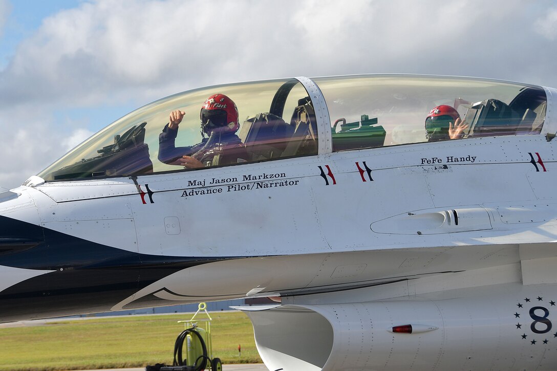 A U.S. Air Force Thunderbirds F-16 Fighting Falcon taxies at Dobbins Air Reserve Base, Ga., Oct. 23, 2020. FeFe Handy, founder and president of Page Turners Make Great Learners, flew with the Thunderbirds as a Hometown Hero, a program where exceptional community members are recognized and given the opportunity to fly with the Thunderbirds. (U.S. Air Force photo/Airman 1st Class Kendra Ransum)
