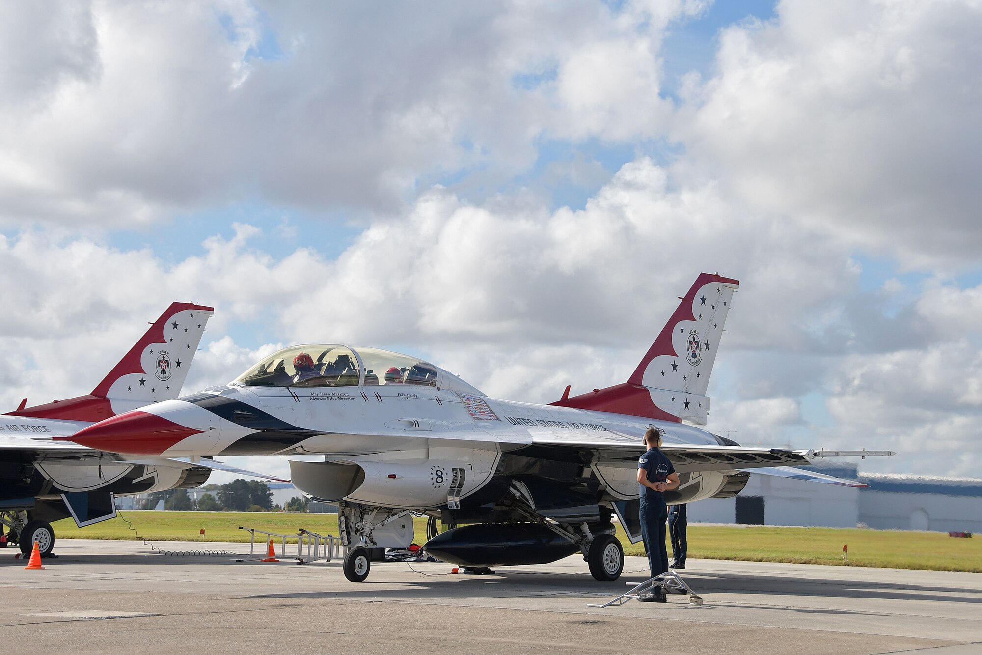 A U.S. Air Force Thunderbirds F-16 Fighting Falcon prepares for takeoff at Dobbins Air Reserve Base, Ga., Oct. 23, 2020. FeFe Handy, founder and president of Page Turners Make Great Learners, flew with the Thunderbirds as a Hometown Hero, a program where exceptional community members are recognized and given the opportunity to fly with the Thunderbirds. (U.S. Air Force photo/Airman 1st Class Kendra Ransum)