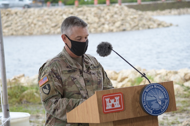 U.S. Army Corps of Engineers Jacksonville District Commander Col. Andrew Kelly speaks at the Central Everglades Planning Project South groundbreaking ceremony today. Federal and state agency partners gathered to celebrate the first contract designed to improve flows south to Everglades National Park. (USACE photo by Mark Rankin)