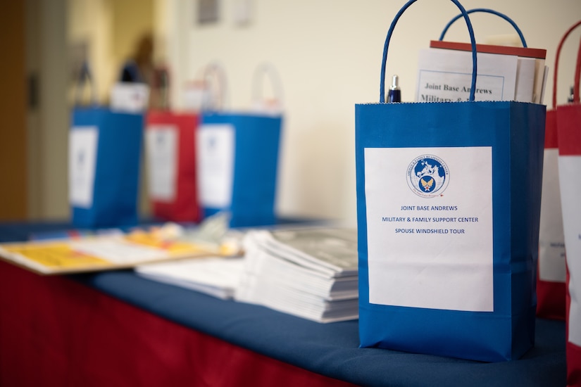 Joint Base Andrews Military and Family Support Center leaves out welcome bags for military spouses who attend their first “Windshield Tour” on JBA, Oct. 23, 2020.