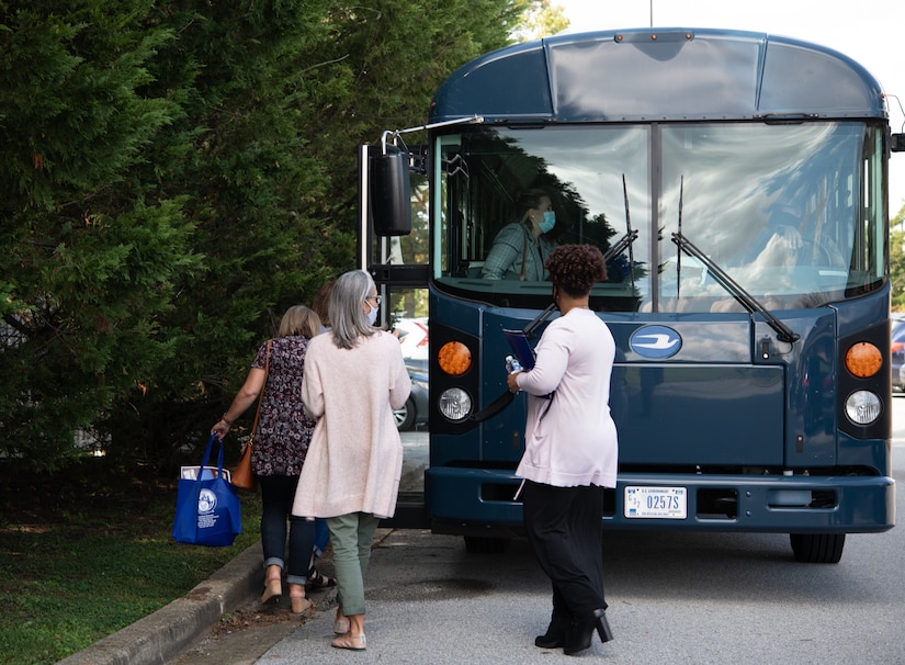Military spouses board a bus to begin Joint Base Andrews’ first “Windshield Tour,” a quarterly event hosted by the Military and Family Support Center that tours historical attractions, Oct. 23, 2020.