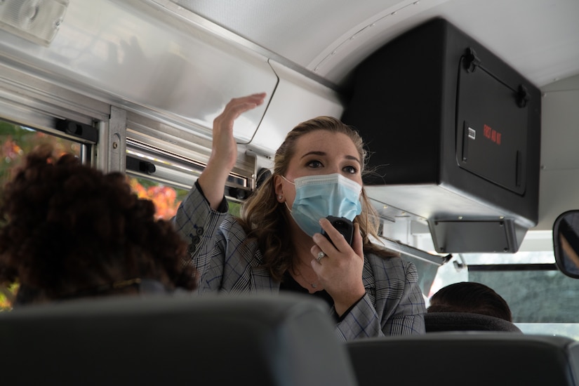 Mattea Sanders, 316th Wing historian, gives tour attendees a historical lecture about the Belle Chance house during the “Windshield Tour,” a Joint Base Andrews sightseeing event that took place in and outside of the tour bus, on JBA, Oct. 23, 2020.