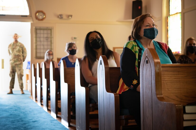 Joint Base Andrews military spouses listen to a historical briefing provided by Mattea Sanders, 316th Wing historian, at Chapel Two during JBA’s first “Windshield Tour” on Oct. 23, 2020.