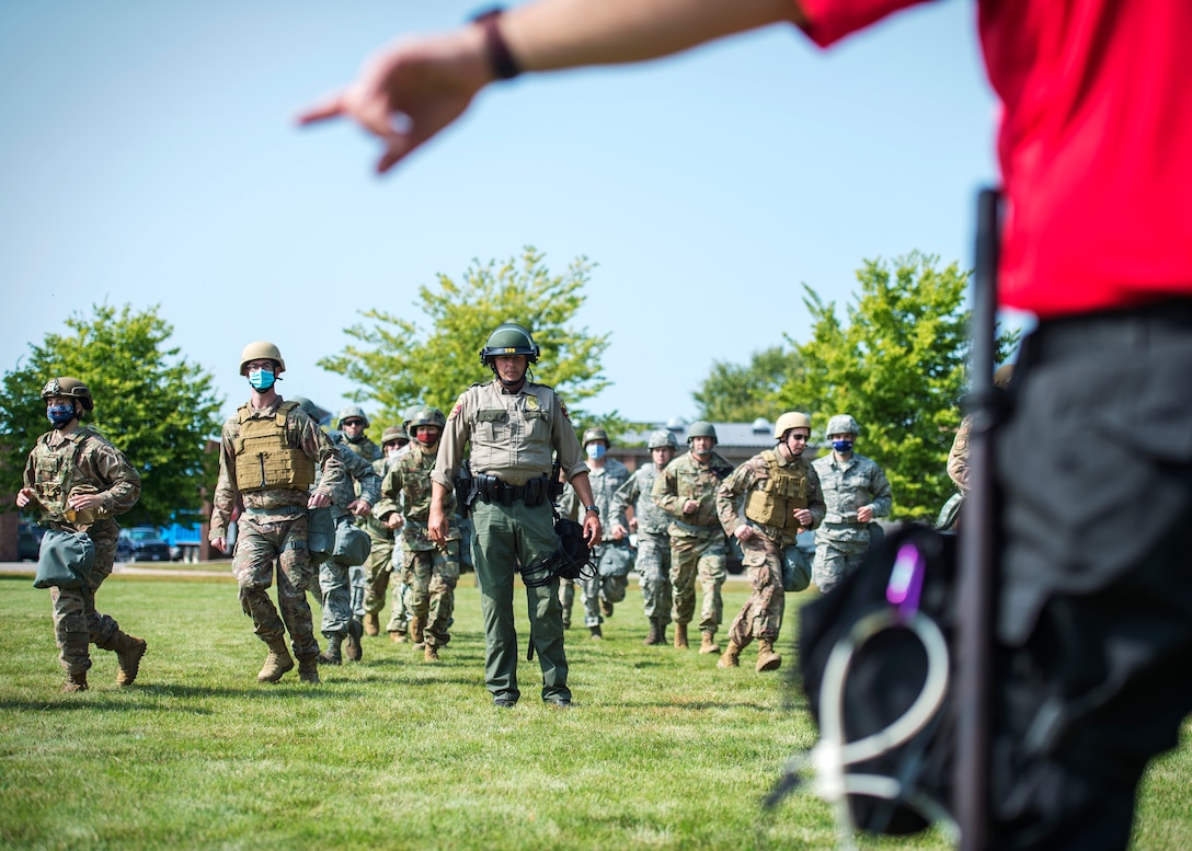 U.S. Air Force Airmen from the 133rd Airlift Wing participate in civil disturbance control training strengthening partnerships between local law enforcement and the Minnesota Air National Guard in St. Paul, Minn., Sept. 19, 2020.