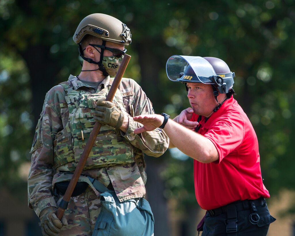 U.S. Air Force Airmen from the 133rd Airlift Wing participate in civil disturbance control training strengthening partnerships between local law enforcement and the Minnesota Air National Guard in St. Paul, Minn., Sept. 19, 2020.