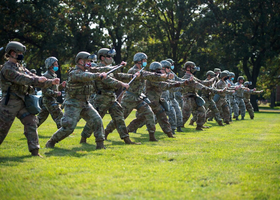 U.S. Air Force Airmen from the 133rd Airlift Wing participate in civil disturbance control training strengthening partnerships between local law enforcement and the Minnesota Air National Guard in St. Paul, Minn., Sept. 19, 2020.