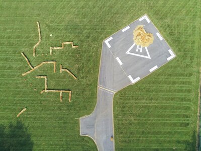 An aerial view of the hay-baled obstacle course.